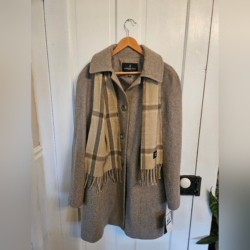 London Fog Taupe Coat with Beige Plaid Scarf